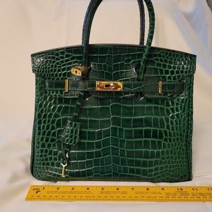 Birkin inspired bag in Dark Green Alligator Leather